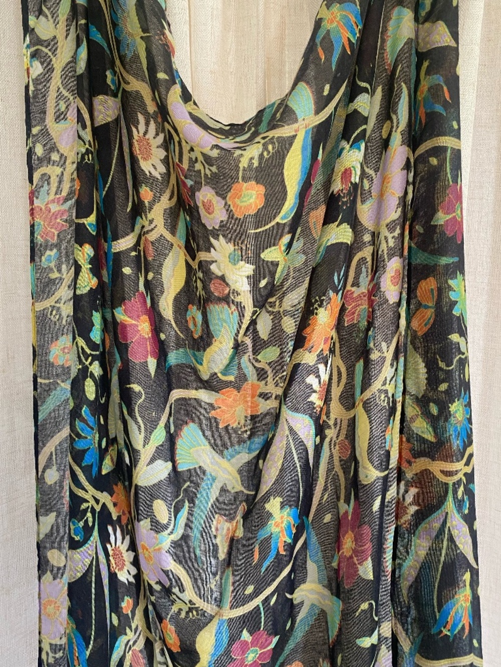 ⁠Hummingbird Floral Sheer Chiffon Scarf Black Multicolor Botanical 74x32⁠